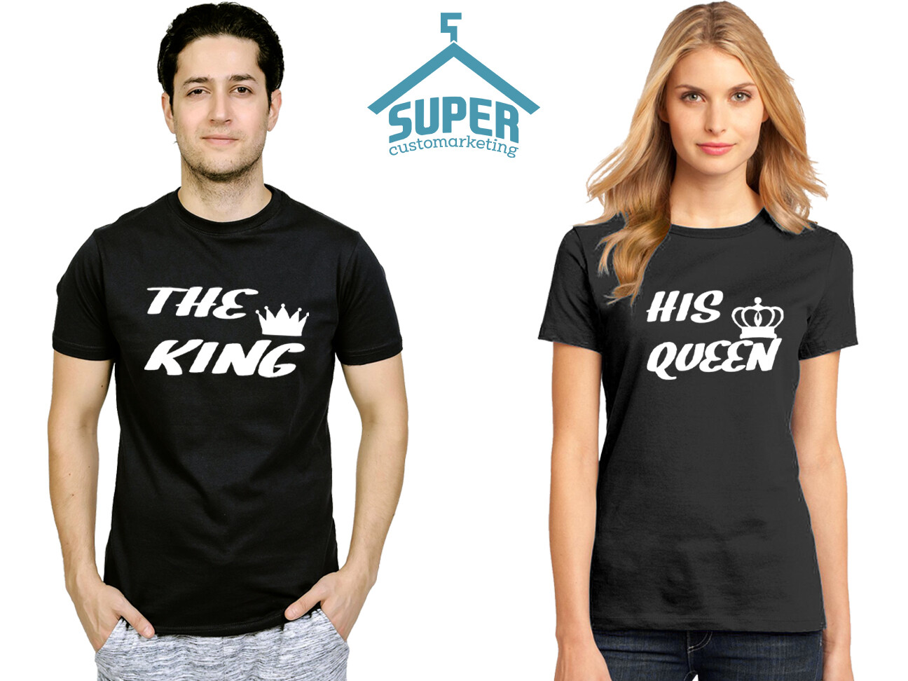 Handmade THE King His Queen Couple TSHIRT WHITE Design Cartoon- Funny Couple Tee gallery