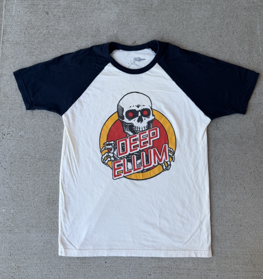 Deep Ellum Apparel white & navy baseball tee with skull graphic