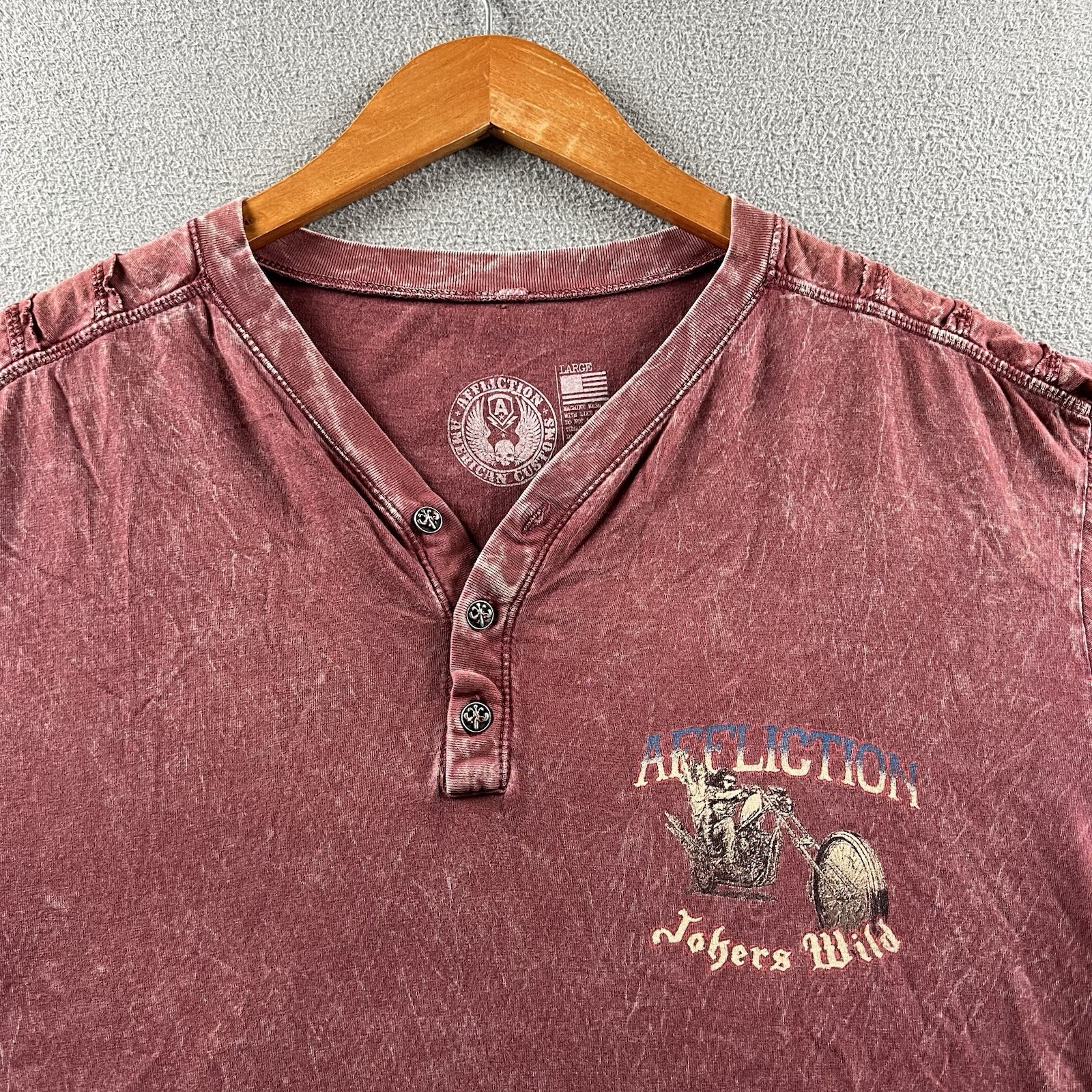 Affliction Shirt Mens Large Maroon Henley Jokers Wild Biker Skull Grunge Y2K gallery