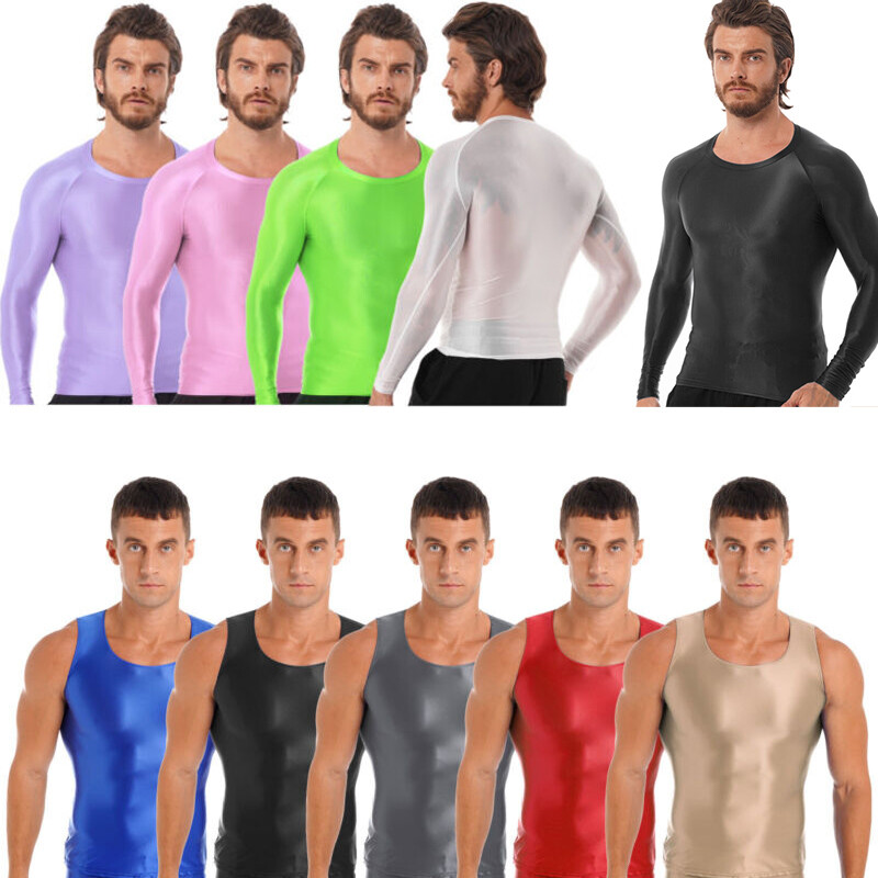 US Men's Shiny Oil T-Shirt Long Sleeve Round Neck Shirt Fitness Bodybuilding Top gallery