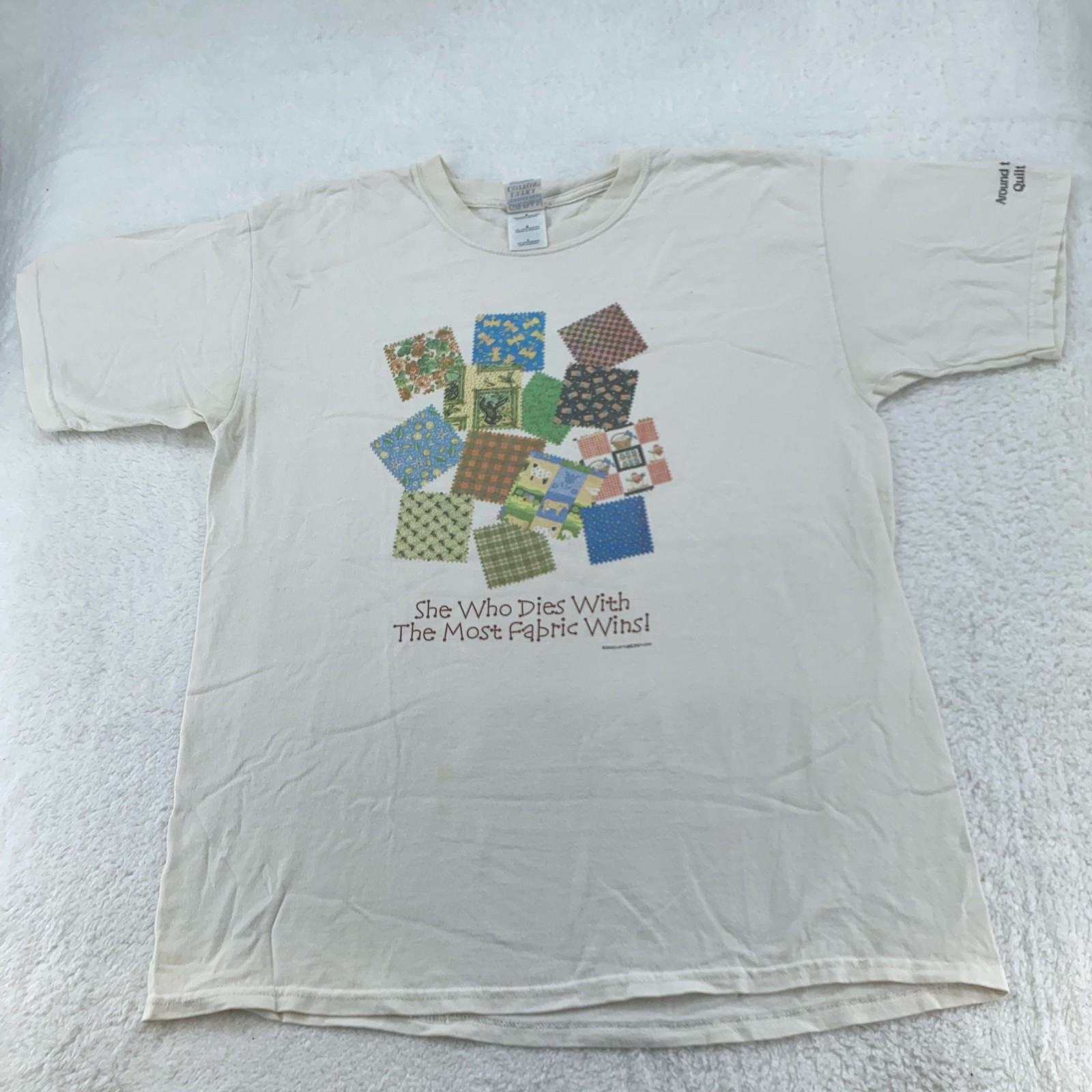Vtg Quilt Shop She Who Dies With Most Fabric Wins! Shirt Large Craft Sewing Joke gallery