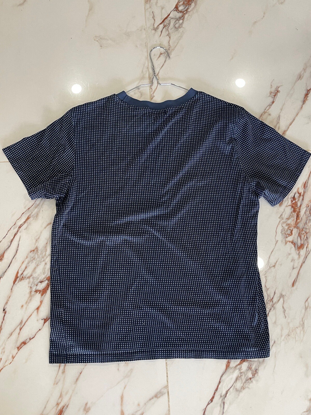 Theory Shirt Men's Medium Textured Blue Microcheck Cotton Short Sleeve Slim Fit gallery