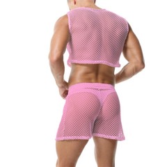 Men 2 Piece Set Fishnet Crop Tops Mesh See-Through Vests Undershirts With Shorts
