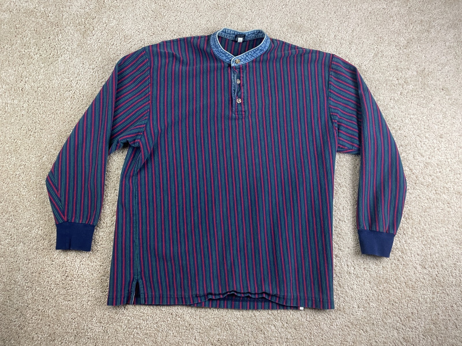 Vintage Lands’ End Henley T-Shirt Mens XL Cotton Stripes Ribbed Long Sleeve Blue