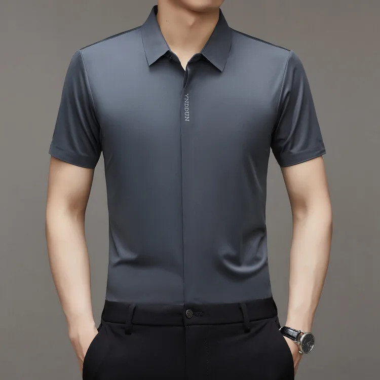 Cooling Ice Silk Men's Casual Shirt Thin Short Sleeve Business Casual Pure Color gallery