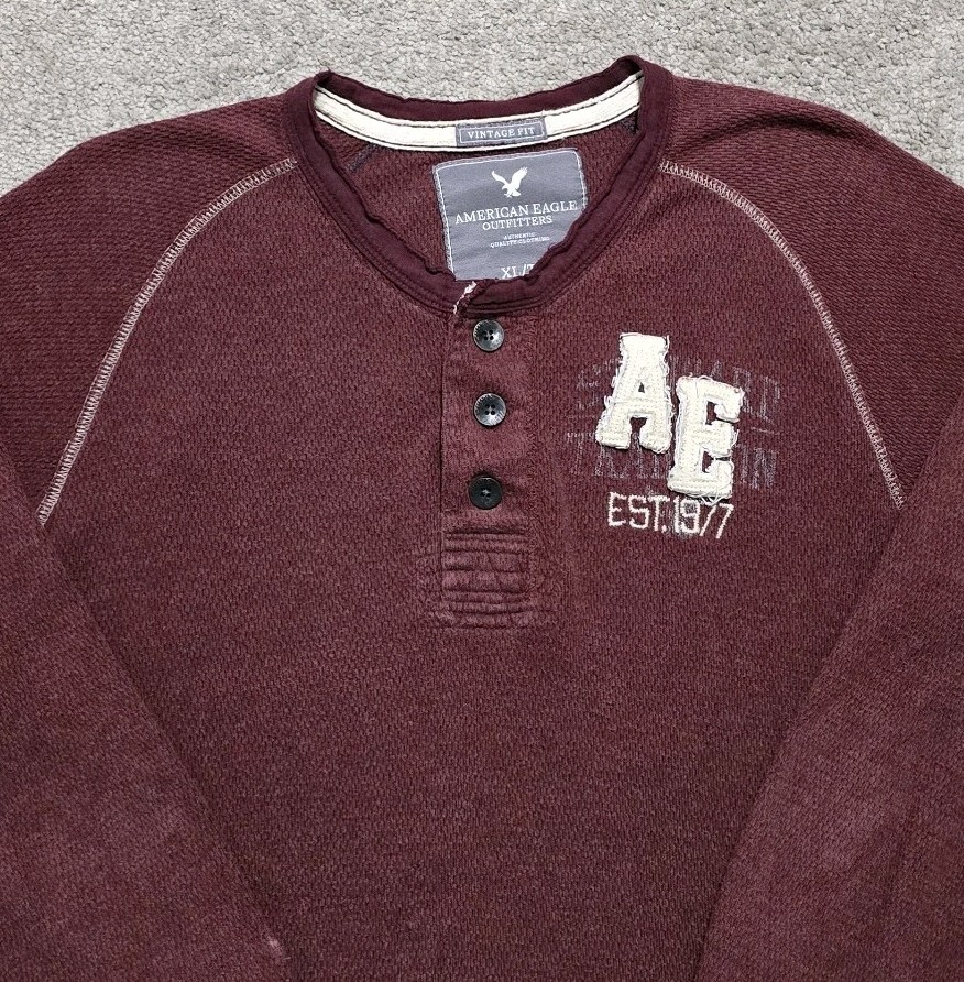 Y2K American Eagle Mens Vintage Fit Henley Waffle Knit Mens XL Maroon Mallcore gallery