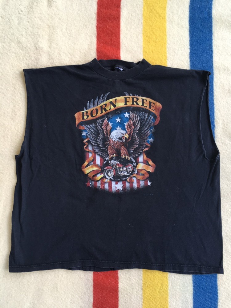 Vintage 90s Born free Bald Eagle Motorcycle Shovelhead Biker cutoff SHIRT 2XL