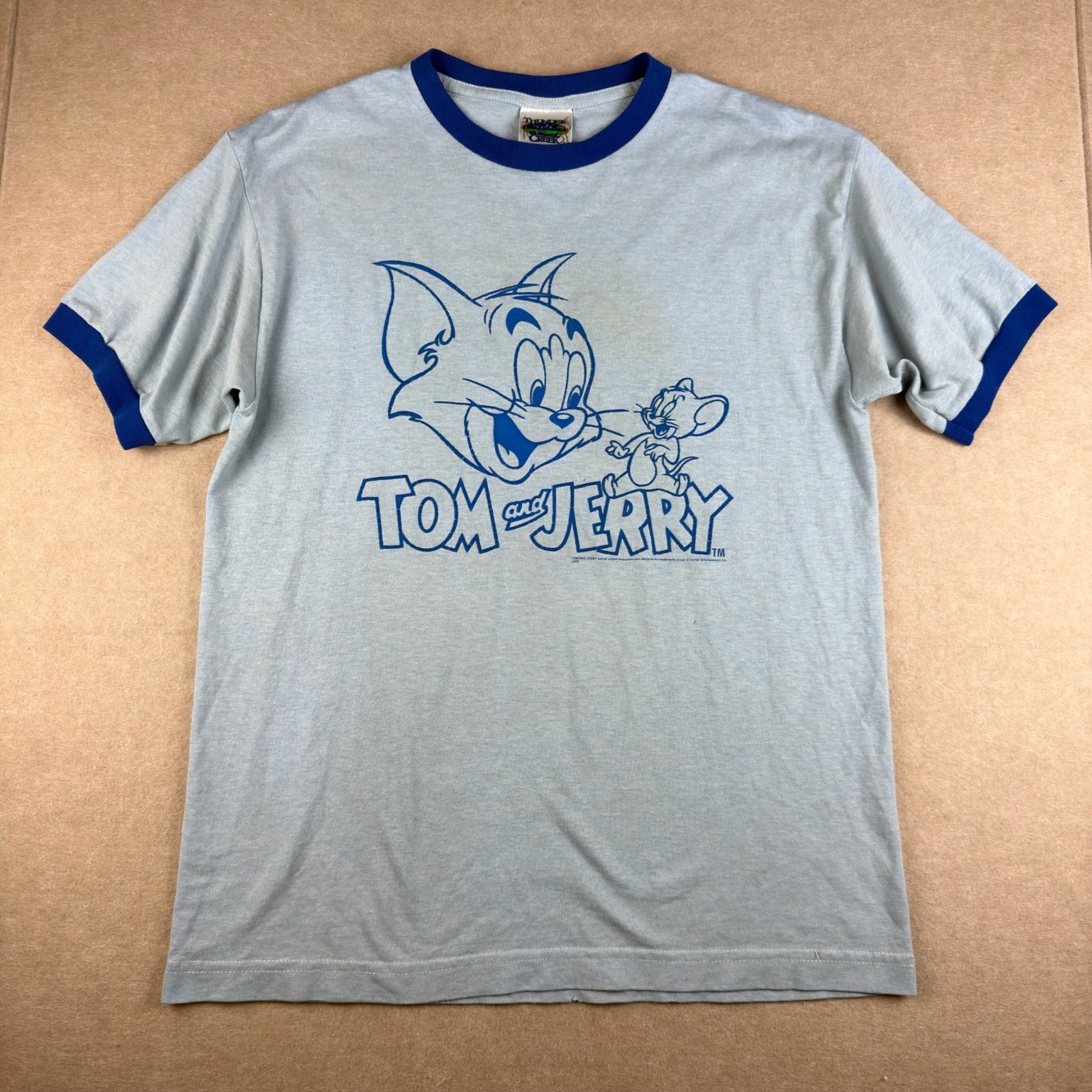 Vintage Tom and Jerry Ringer T-Shirt Mens M Blue Cartoon Thunder Creek USA Made