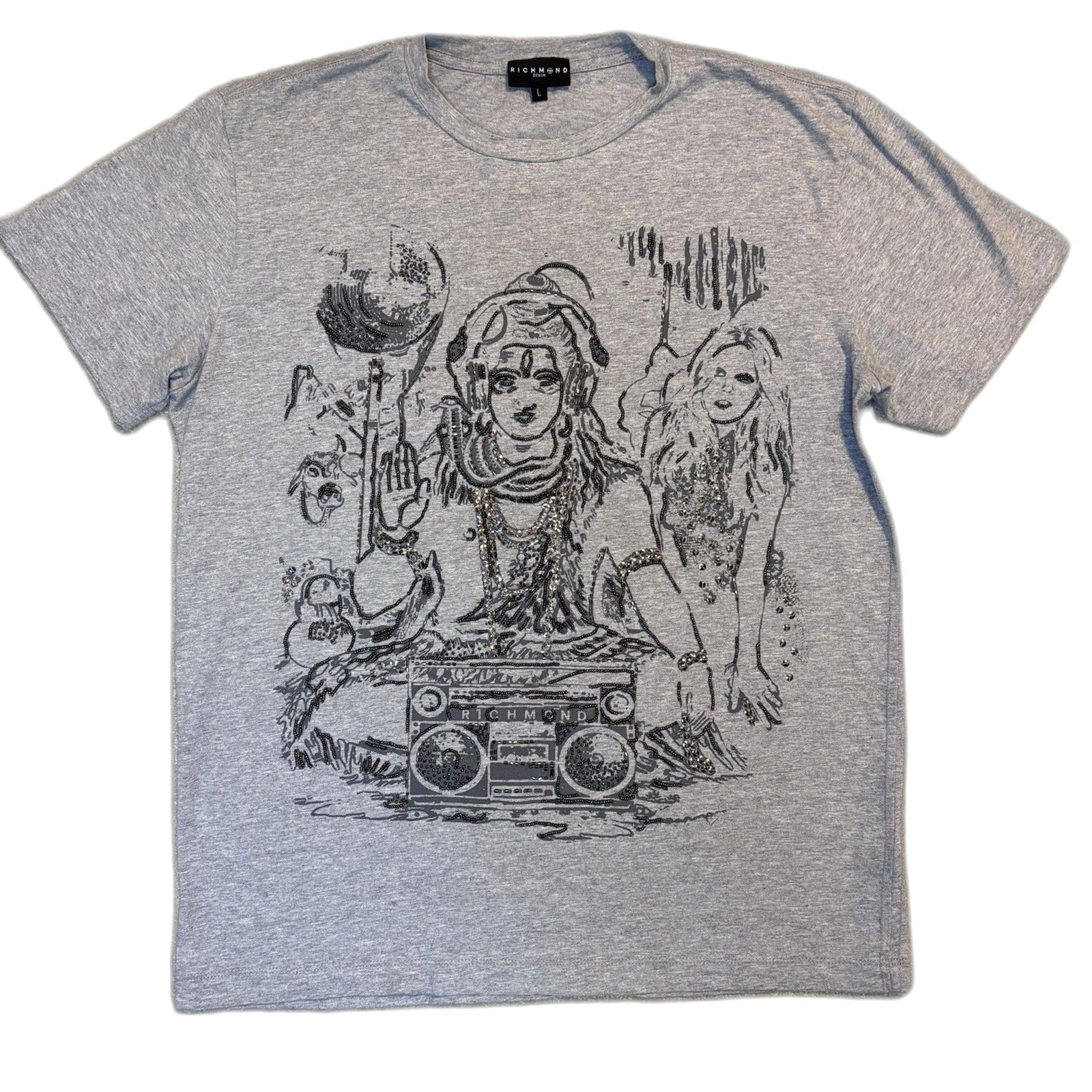 John Richmond Graphic Tee Beaded Embellished Shiva Boombox DJ Streetwear Y2K gallery