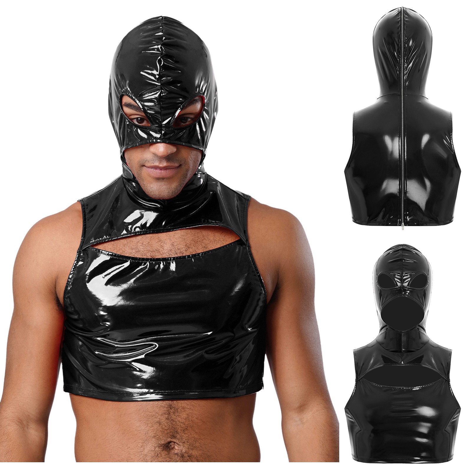 Mens Wet Look Patent Leather Crop Top Mask Hooded Tops for Nightclub Raves Party gallery