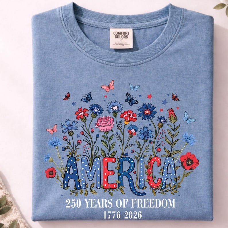 Comfort Colors Floral 250th Anniversary Shirt, Wildflower Independence Day Tee gallery