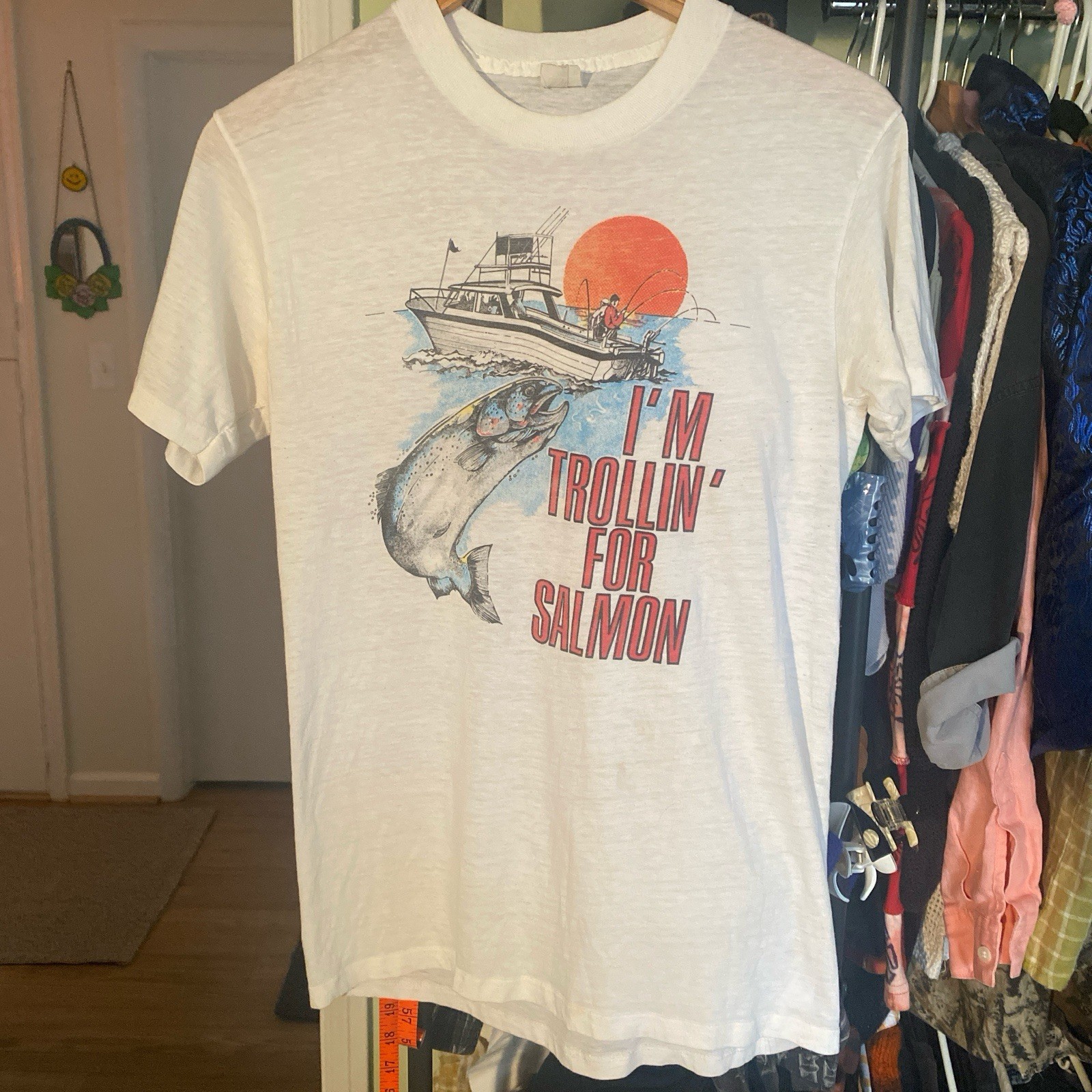 Vtg Fisherman ‘ I’m Trolling For Salmon’ TNT T shirt Paper Thin White Fish Boat gallery