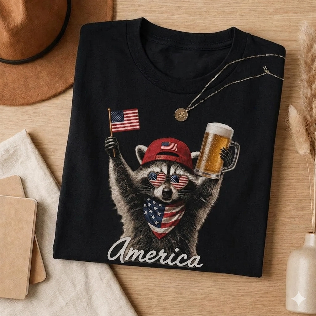 Patriotic Raccoon Beer T-Shirt USA Flag 4th July Funny Graphic Tee Men Women