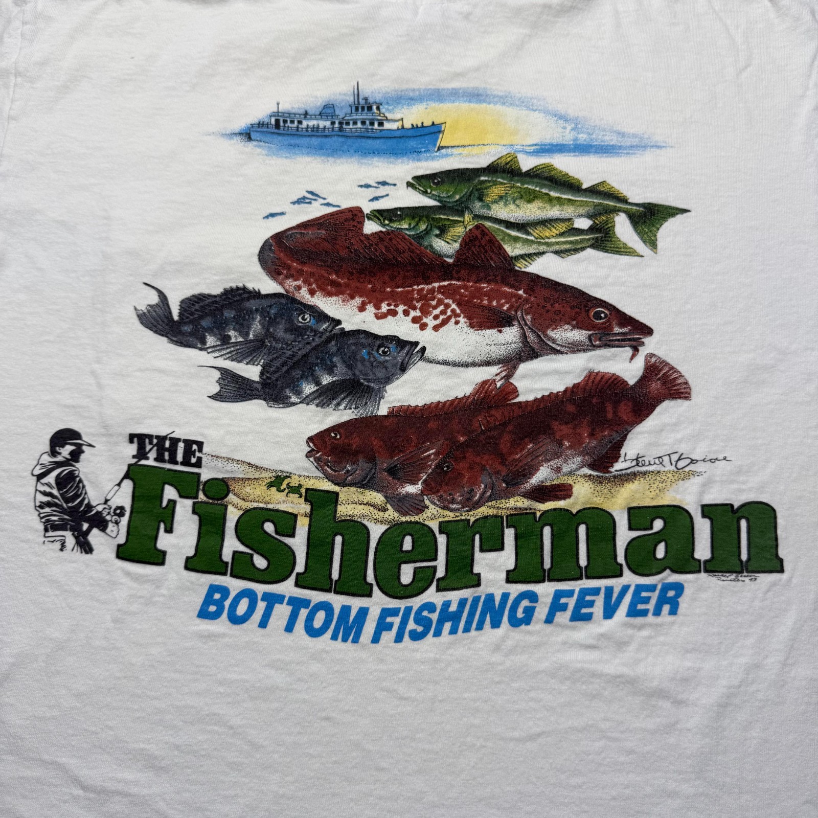 Vintage 1993 The Fisherman Bottom Fishing Fever Pocket Graphic T-Shirt - Large gallery