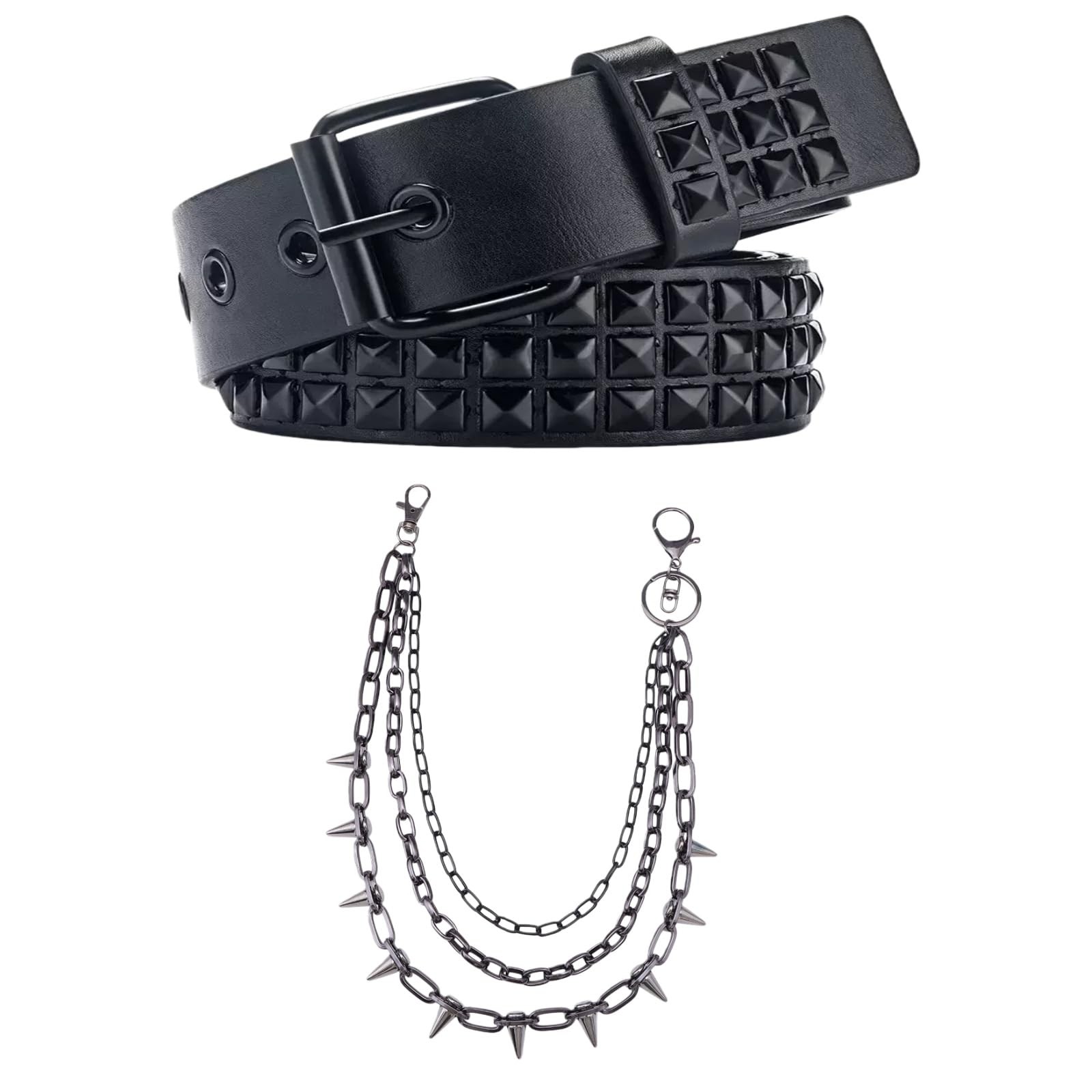 2Pcs Black Y2k Studded Belt with Rivet Pants Chain, Punk Grunge EMO Leather B…