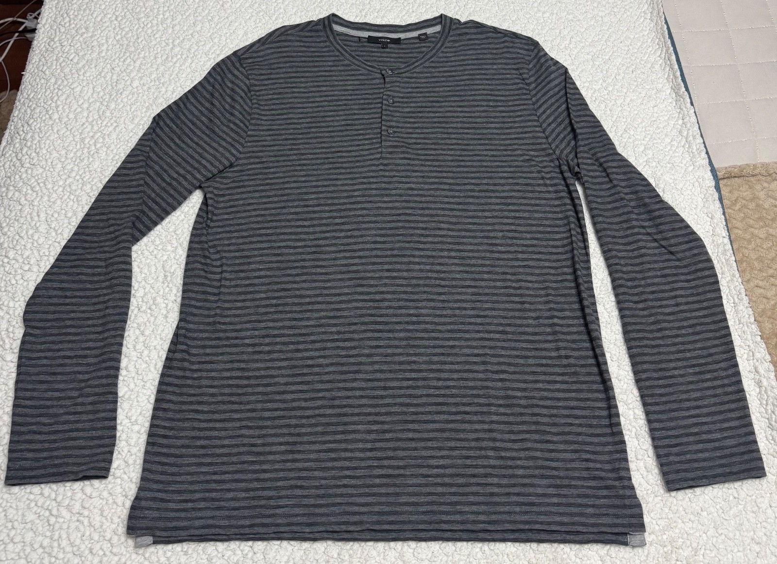 Vince Men's Long Sleeve Henley Striped Tee Gay/Black 100% Pima Cotton Sz L NWOT gallery