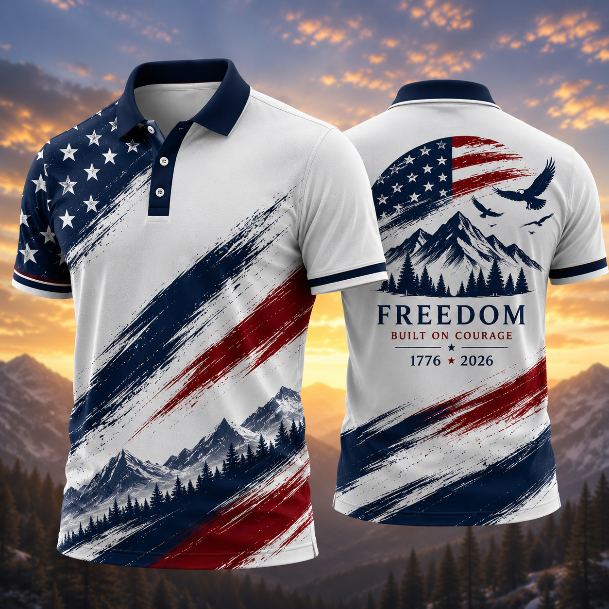 Patriotic Freedom Polo Shirt Mountain Eagle Golf Performance Casual Men (S-5XL)