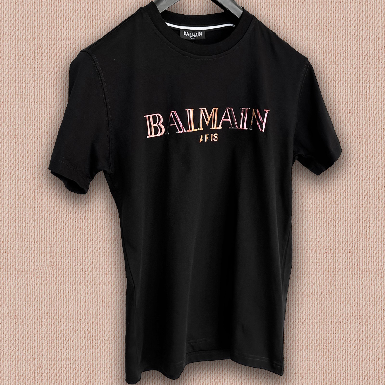 Balmain Black T-shirt --- Golden Text Logo Print --- Size XL -- Tariff Paid gallery