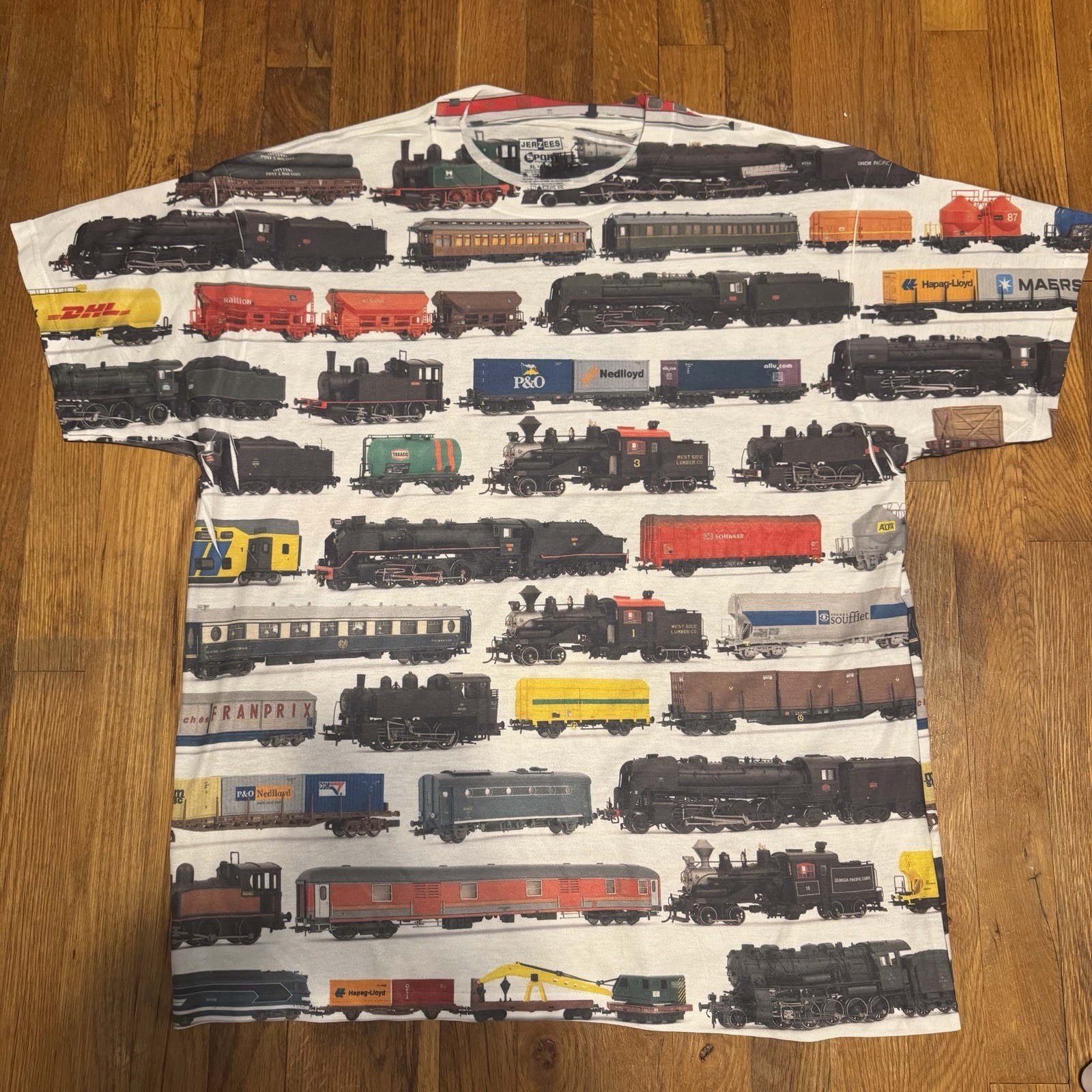 Vintage Y2K Train All Over Print Shirt XL Jerzees Steam Locomotive Railfan Tee gallery