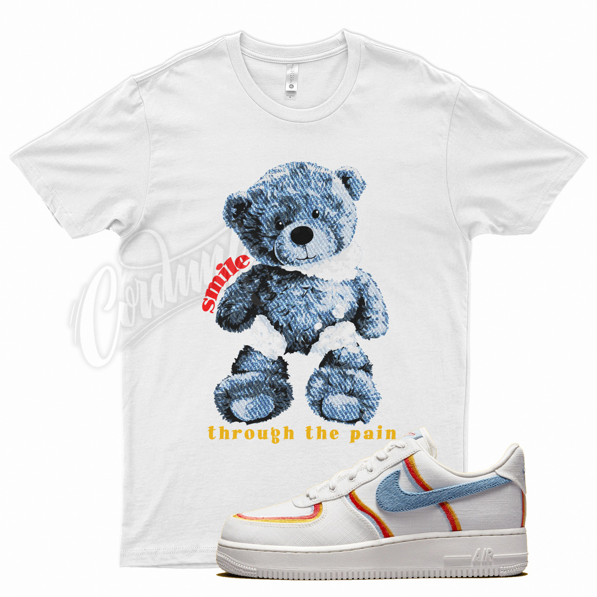 White SMILE T Shirt for N Air Force 1 Low Sail Light Armory Blue Chili Red