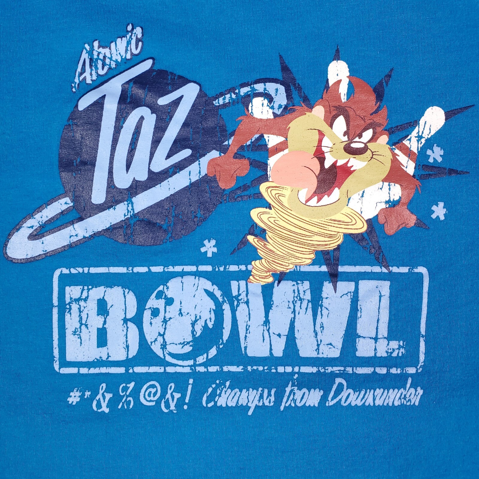 Looney Tunes Atomic Taz Bowl T-Shirt Large Blue Short Sleeve Cartoon Vtg Y2K gallery