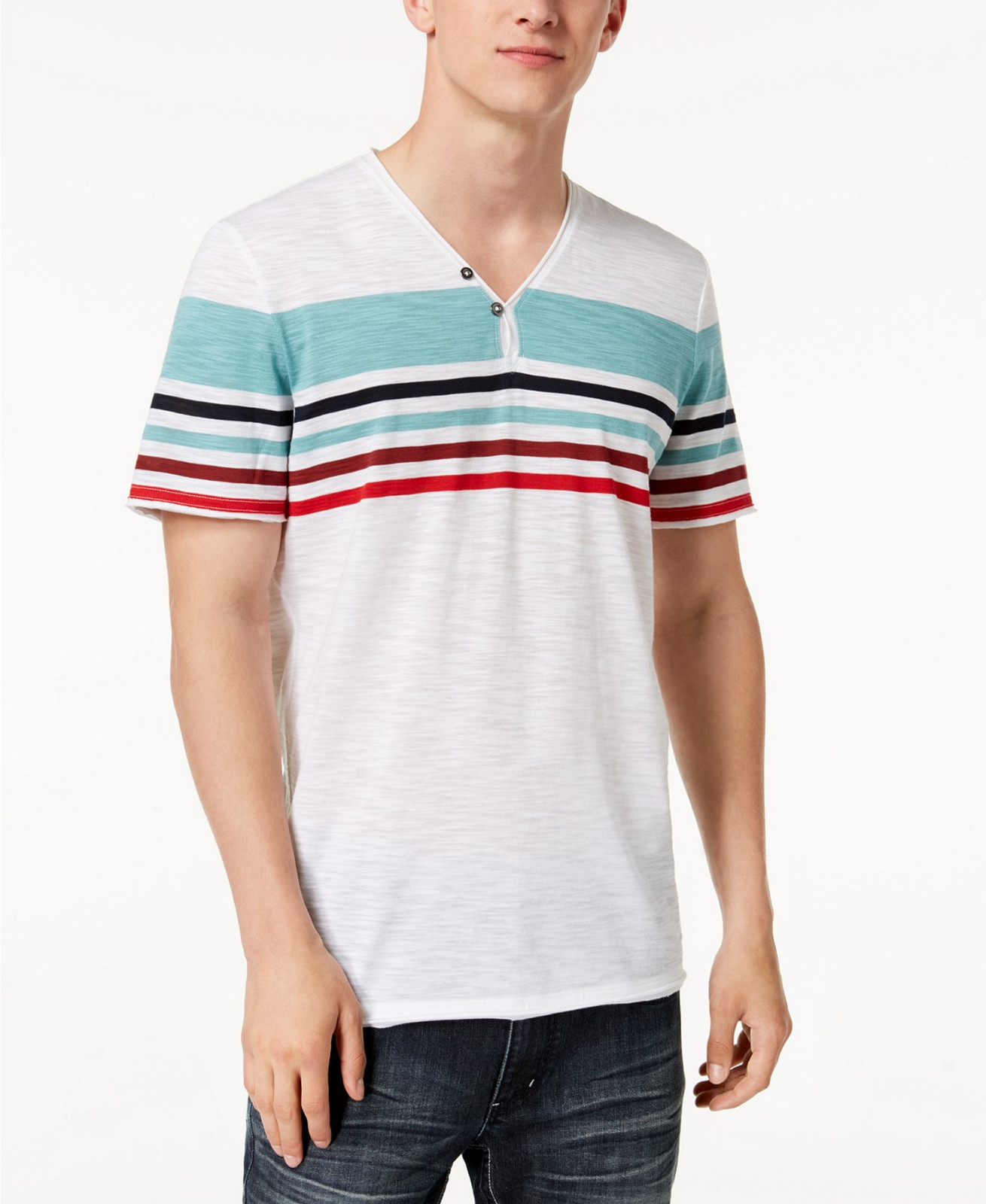 INC International Concepts Men's Striped Split-Neck T-Shirt White Medium gallery