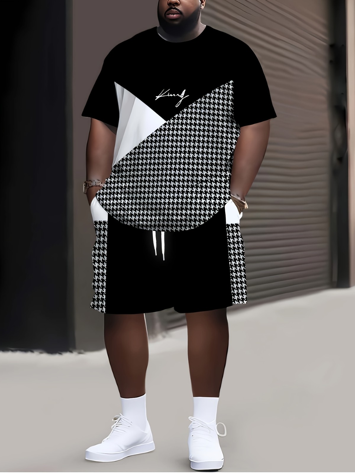 2pcs Plus Size Men's 'King' Letter Print Plaid Short Sleeve T-Shirt And Drawstri gallery