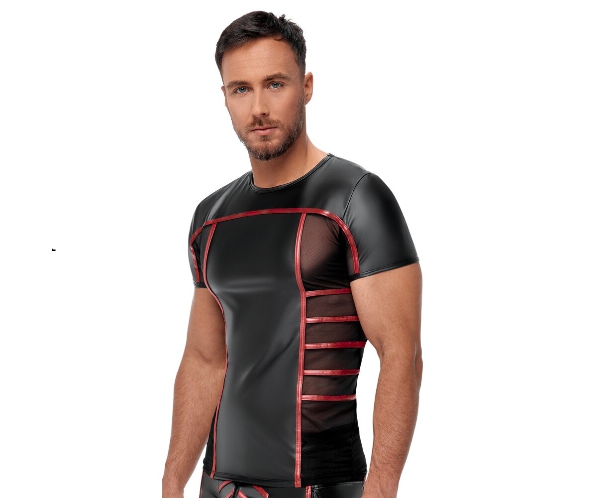 Mens Shirt With Red Stripes In Black Wet Look With Mesh Inserts At The Sides