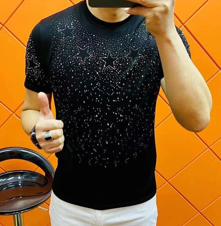 New Men Luxury Diamond Star Rhinestones Fashion Black White T-Shirt High Quality gallery