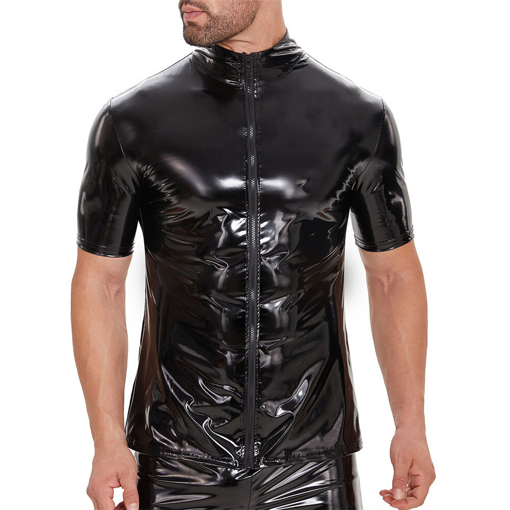 Men Short Sleeve Latex Leather T-Shirts Shiny PVC Wet Look Nightclub Zipper Tops gallery