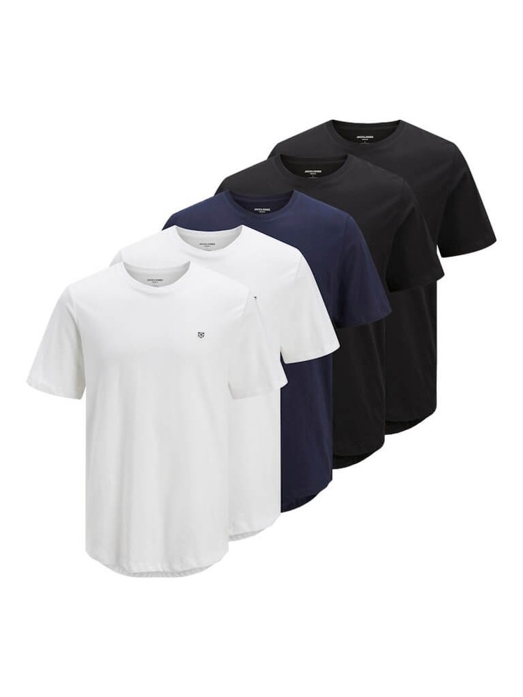 Jack & Jones 5 Pack JPRBLABRODY 100% Cotton Crew Neck T-Shirts – White/Navy/Blac