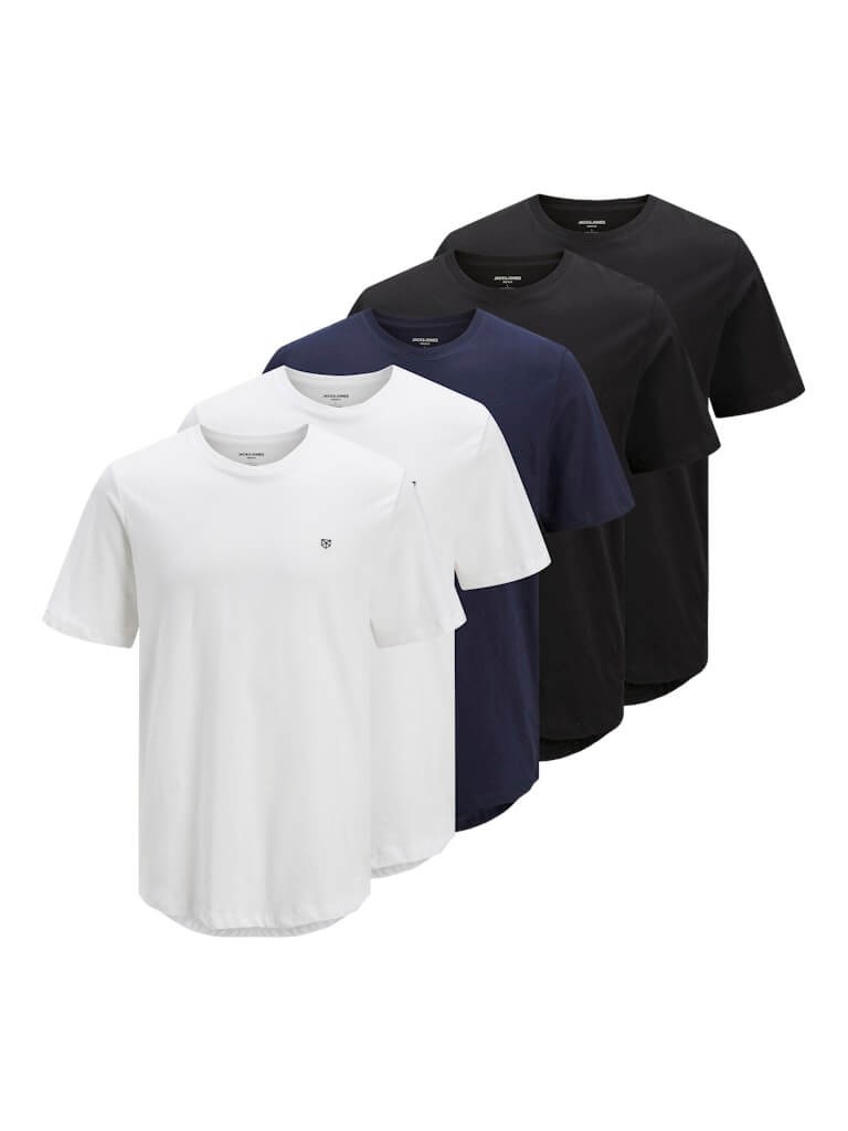 Jack & Jones 5 Pack JPRBLABRODY 100% Cotton Crew Neck T-Shirts – White/Navy/Blac