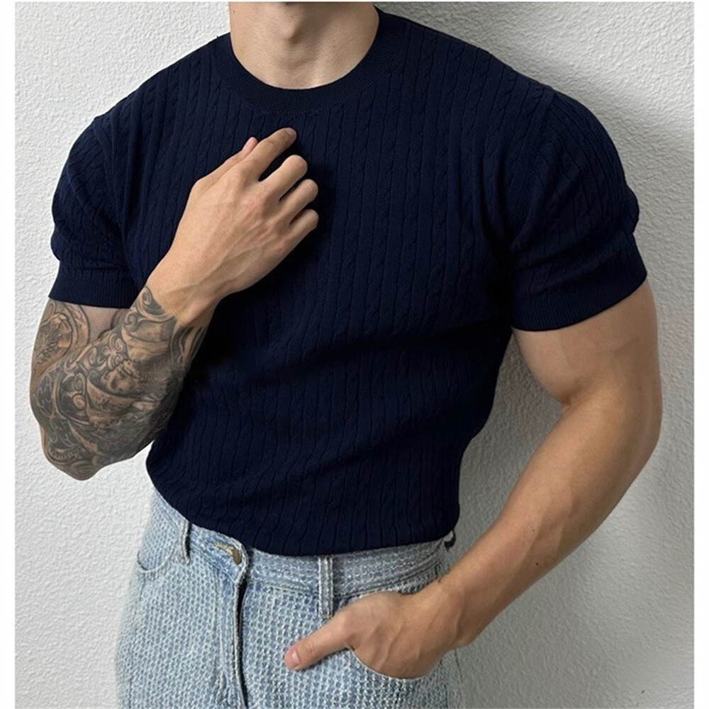 Men’s Knitted Short Sleeve T-Shirt Classic Casual Slim Round Neck Shirts