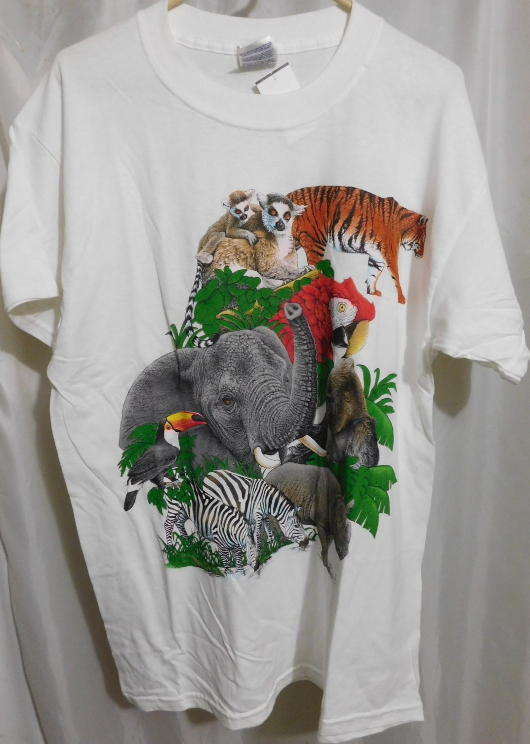 Habitat T-Shirt Zoo Collage graphic Print 40" Chest NOS White Vintage 1990 USA gallery