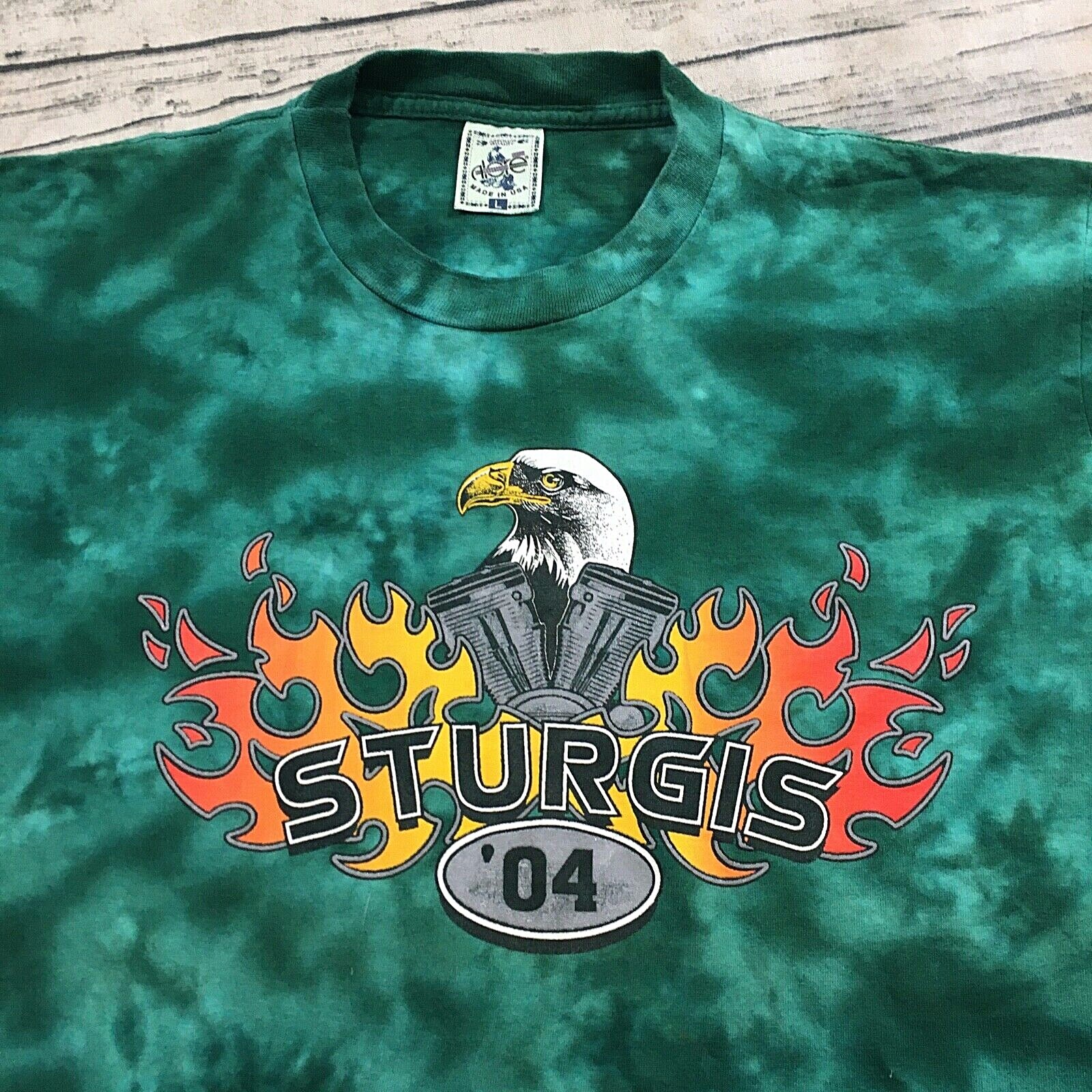 Sturgis 00s Acid Wash Single Stitch T-Shirt L Green Biker Crewneck Eagle Cycle gallery