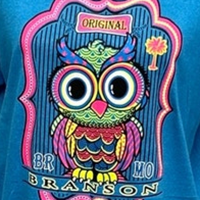 Branson Mens Medium Neon Owl PolyCotton Short Sleeve Crew Neck Tee Shirt gallery