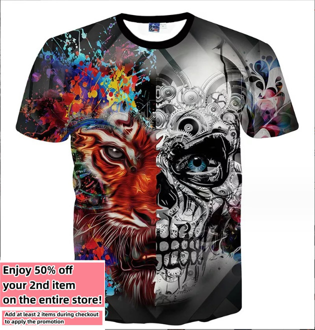 Tiger Skull Punk T-Shirt Double-Sided Unisex Adult Men's Size Large Medium Small gallery