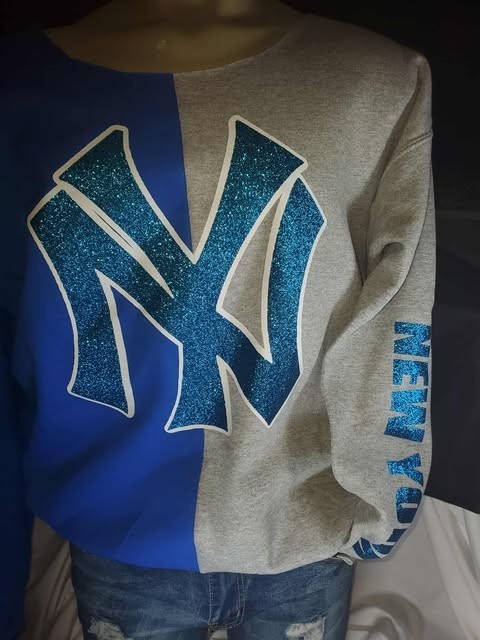 New York glitter raw edge sweatshirt cold shoulder off shoulder gallery