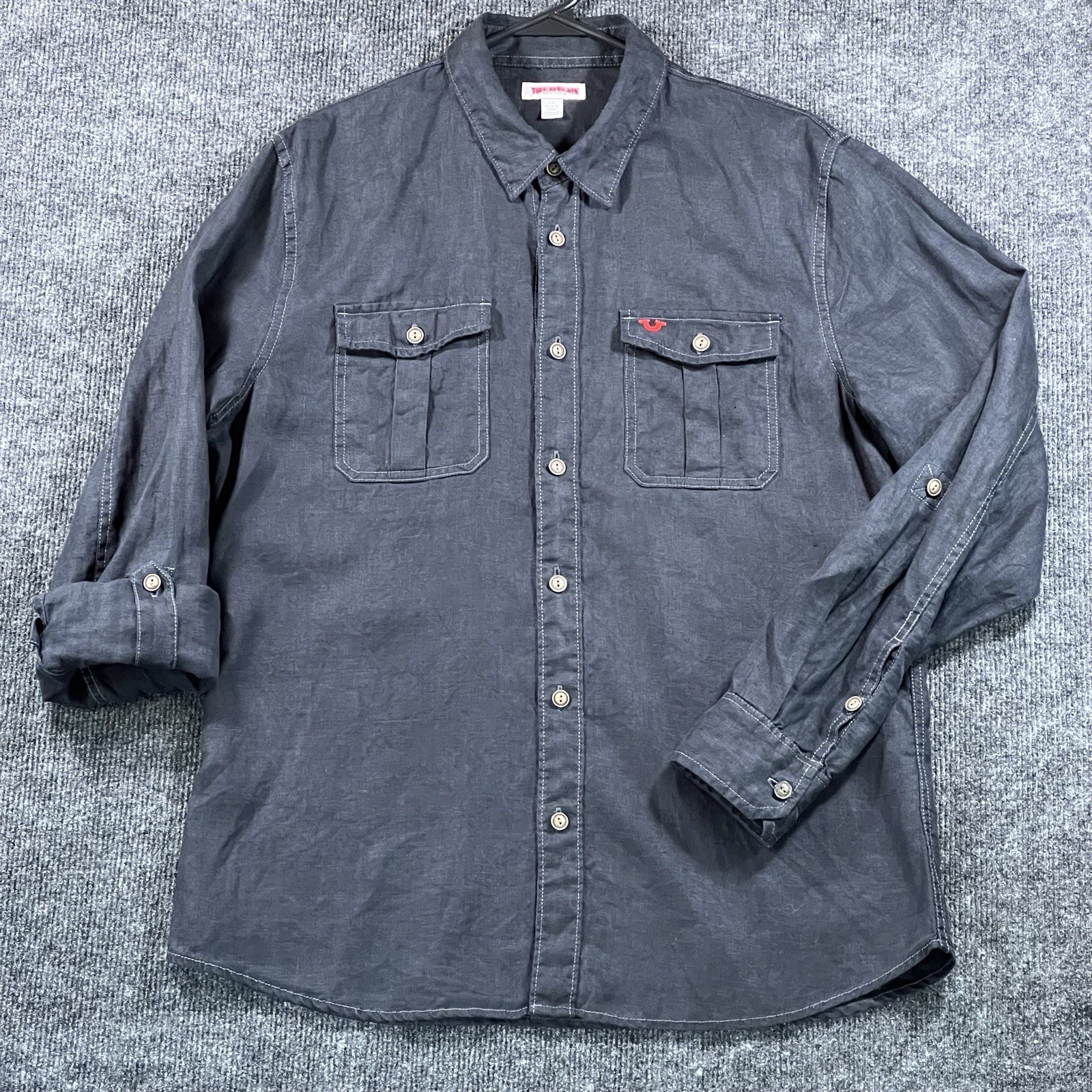 True Religion Men’s Long Sleeve Utility Shirt Size M Black Red Logo gallery