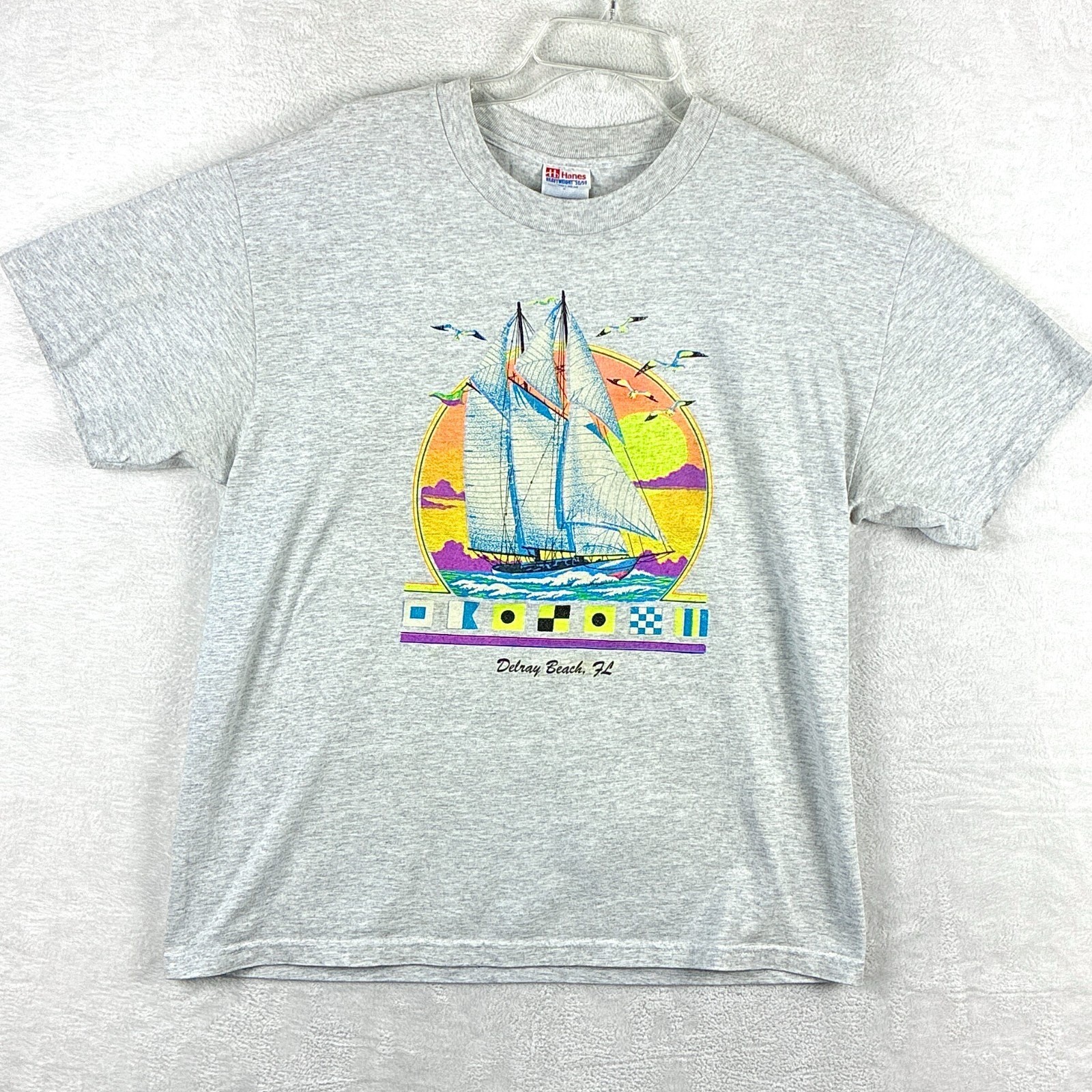 VTG Delray Beach Florida Shirt Mens L Gray Sailing Yachting Sailboat Beach Surf