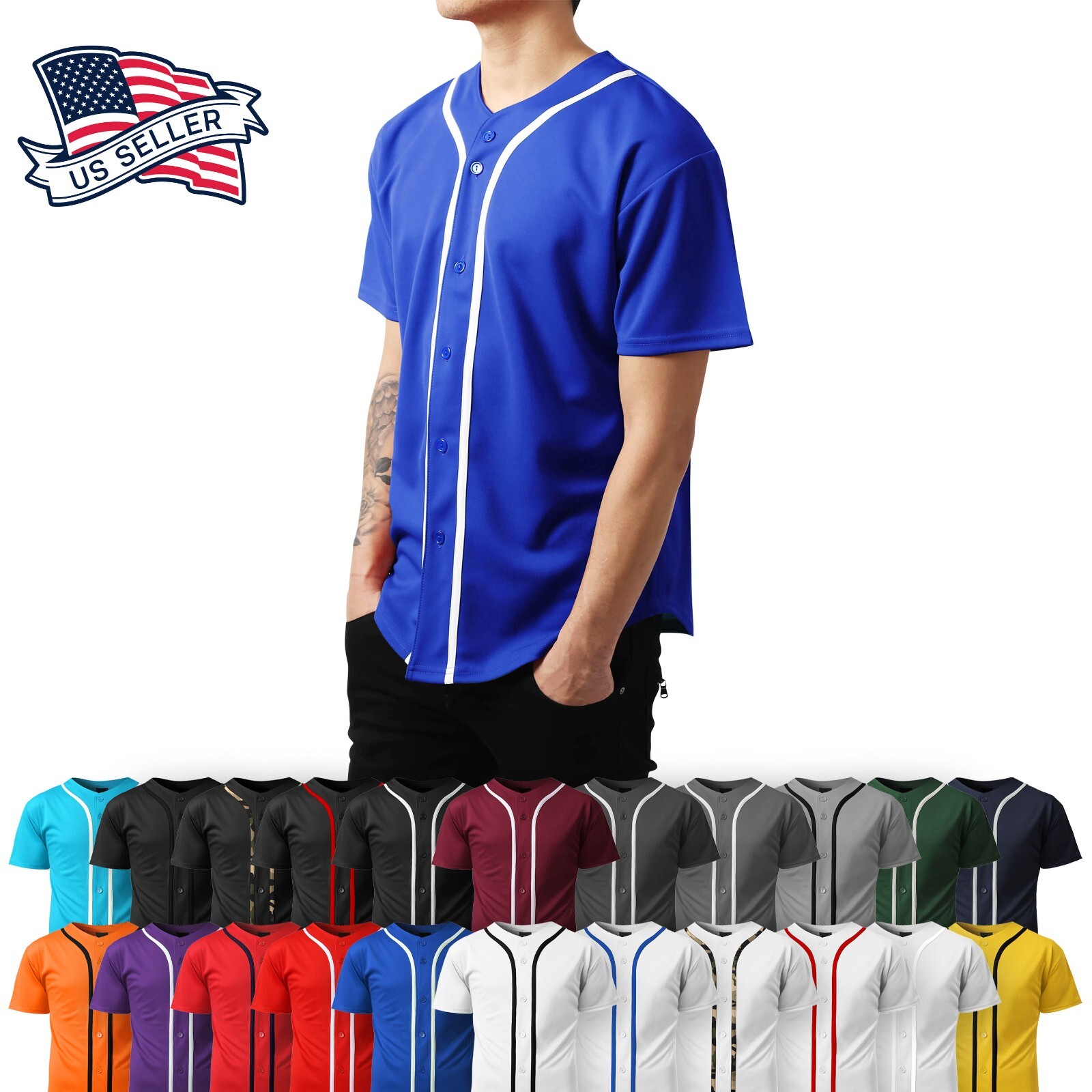 Mens Baseball Jersey Raglan Plain T Shirt Team Uniform Solid Hipster Button Tee gallery