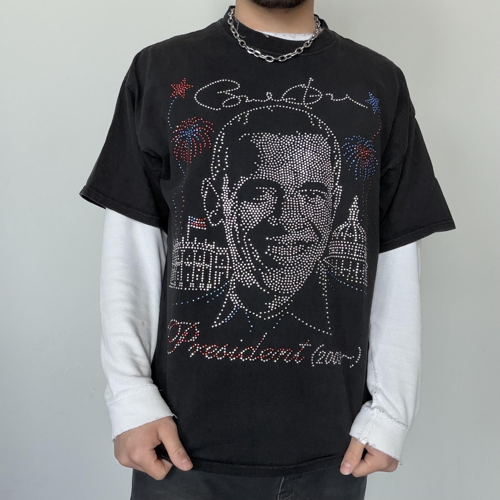 2000s Y2K Barack Obama Rhinestone Shirt Mens XL Black President 2009 Graphic Tee