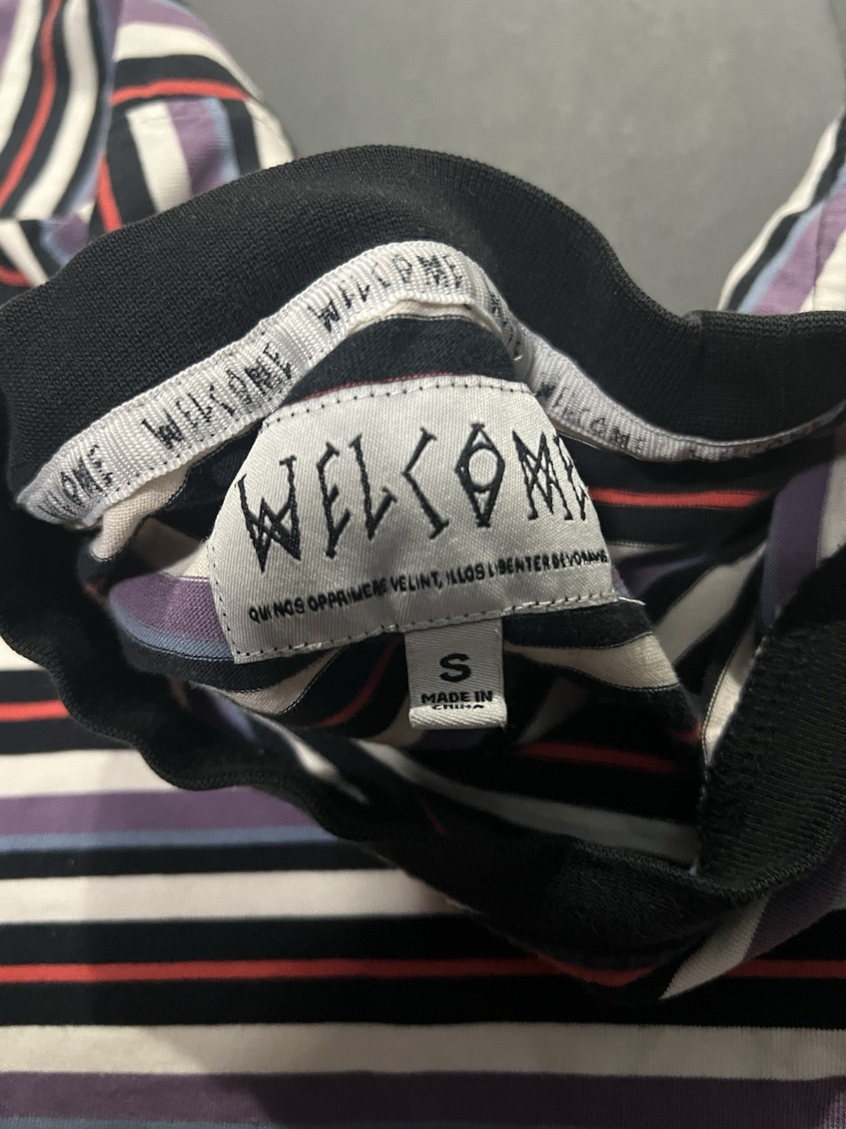 Welcome Skateboards multicoloured striped tee Size S armpit stains #skateboard gallery