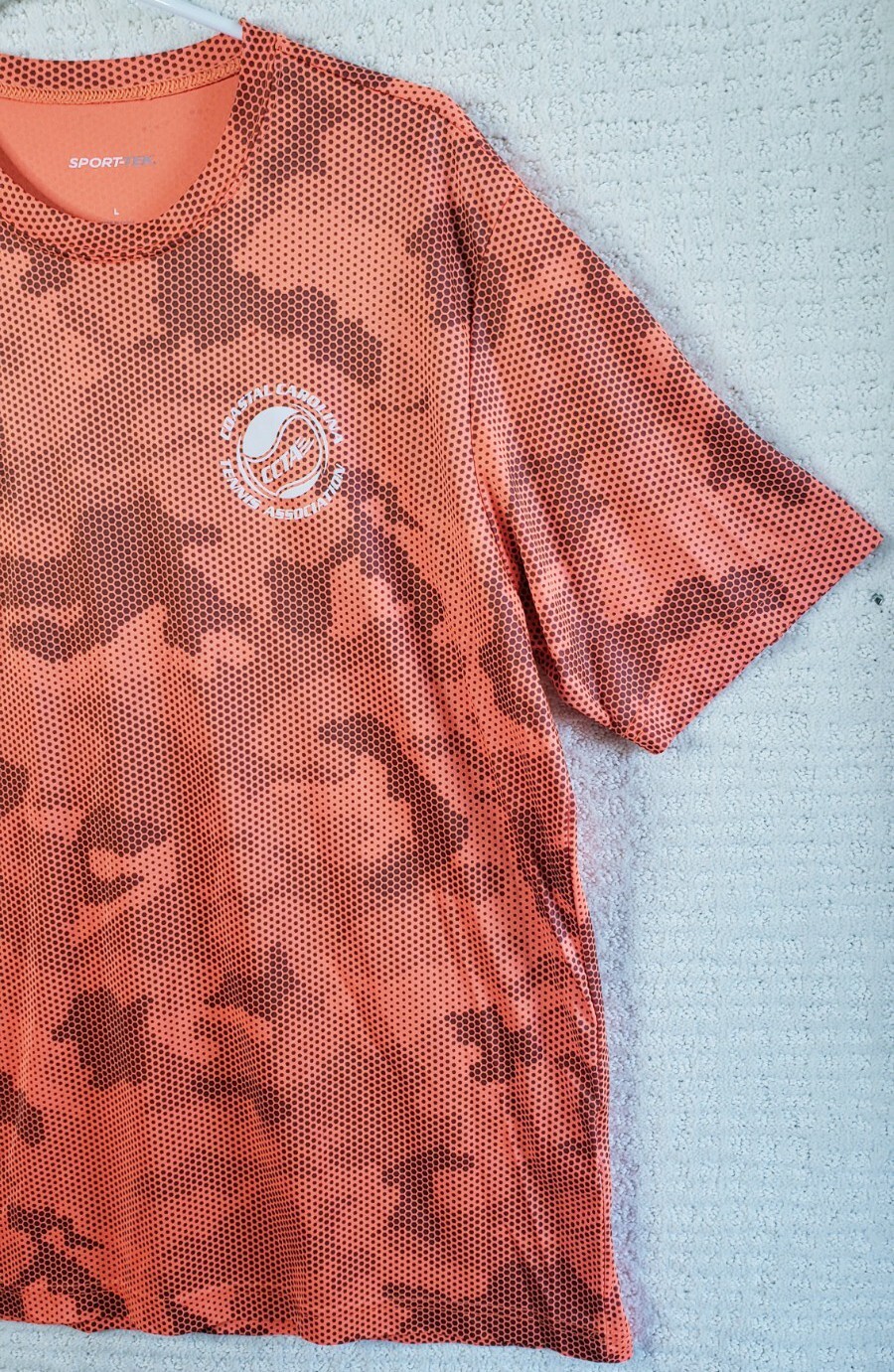 Sport-Tek Men's L Orange CamoHex S Sleeve Tennis Tee USTA CCTA QuickDry ST370 gallery