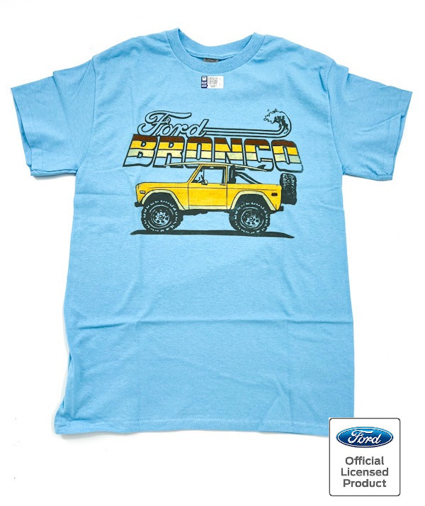 Sky Blue T-Shirt - Yellow Ford Bronco Beach Surfboard Scene w/ Script Emblem gallery