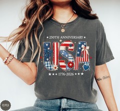 America 250th Anniversary Faux Patchwork Shirt 1776-2026 Patriotic Tee