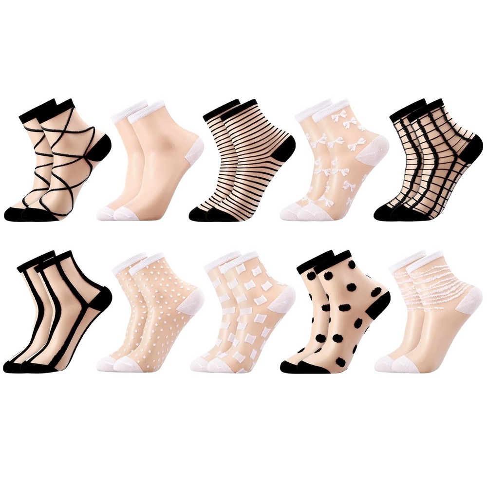 10 Pairs Sheer Socks Striped Plaid Mesh Dot Bow See Through Transparent