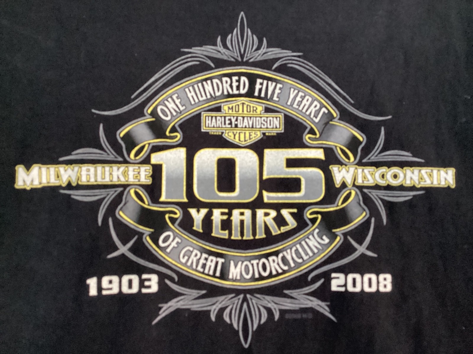 Harley Davidson Racine Wisconsin Mens black 2 sided T shirt XL 105 yrs 1903-2008 gallery