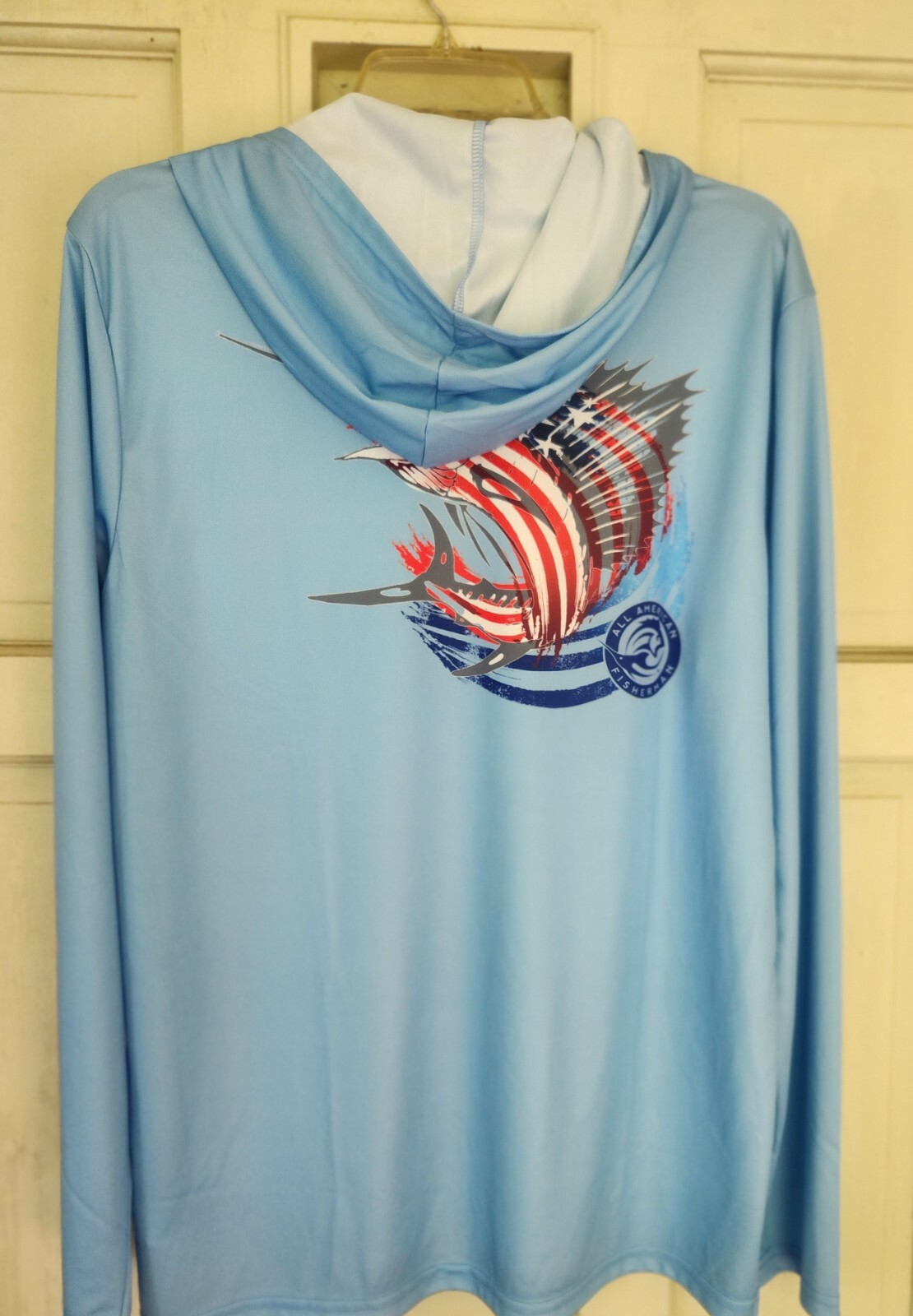 Fisherman Mens Powder Blue Performance Fishing Shirt Flag Sailfish All American gallery