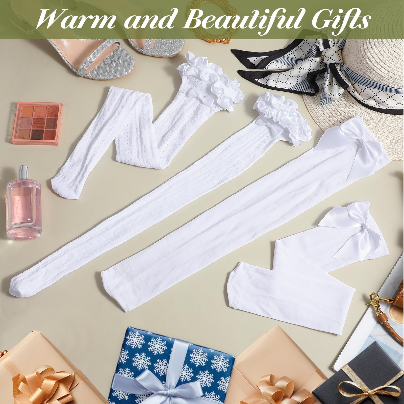 2 Pairs Thigh High Stockings Lace Satin Bow Stockings Women Tight Hosiery White gallery